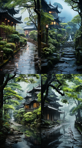 工笔国画风徽派建筑，俯视图，游人穿行，阴雨天，宋朝的蓝绿色调，细腻笔触，对称构图，水墨质感，长焦镜头，柔和光线，慢速快门，静谧，古朴，细腻。