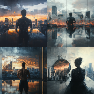 20层写字楼鸟瞰，现代简约风格，对称构图，城市天际线，冷色调，长焦镜头，日落时分，柔和光线，玻璃幕墙，繁忙街道，宁静与活力并存。