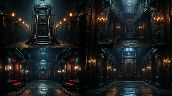 中古时期铸铁机械式升降梯，下坠，暗色调，工业风格，垂直构图，昏暗灯光，广角镜头，低角度拍摄，金属质感，紧张氛围，历史感。