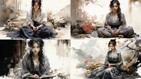 蹲坐汉服女孩，水墨简约风格，轮廓勾勒，静谧庭院，黑白调，长焦镜头，柔和侧光，静态，优雅，沉思。