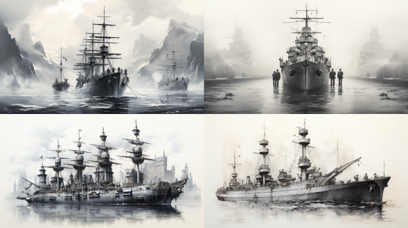 楼船三视图，机械风，线稿，历史感，对称构图，黑白线条，古风建筑，细节丰富，透视效果，侧光，静态，沉稳。