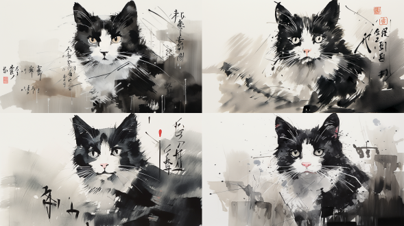 特写，短毛黑白花警长猫，身体由大写字母传统文字组成，吴冠中风格，色彩丰富，虚实结合，线条优美，极简主义，纯白背景，意境水墨，文本创意，背景模糊，书法字符，肯尼亚哈拉，水墨。