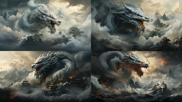 中国风，五爪白龙，山峦叠嶂，腾云驾雾，远景长焦，细腻纹理，云雾缭绕，国画风格，高分辨率，自然光，动态模糊，神秘感，银白色调，庄严氛围。