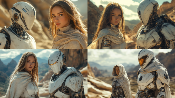 人形机器人与男性剑仙对面站立，全身远景，冲突矛盾，透视效果，山峦叠嶂，层次丰富，广角镜头，侧光，静态，高清，金属质感，古装飘逸，眼神坚定，对比鲜明，冷暖色调交织，紧张氛围。