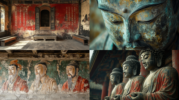 大唐都城佛教寺院，天龙八部群像壁画，岁月历史感，斑驳破旧，暖色侧光，高对比度，多细节，慢速快门，壁画风格，历史沉淀，文化传承，宗教氛围，艺术表现，色彩斑斓，光影交错，细节丰富，历史厚重感。