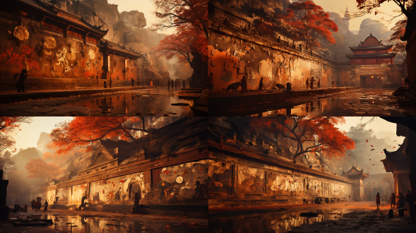 大唐都城佛教寺院，齐天大圣大闹天宫壁画，岁月历史感，斑驳破旧，暖色侧光，高对比度，多细节，慢速快门，古朴风格，壁画细节，历史沉淀，文化传承，宗教氛围，艺术美感，光影交错，色彩斑驳，时间痕迹，静谧庄严。