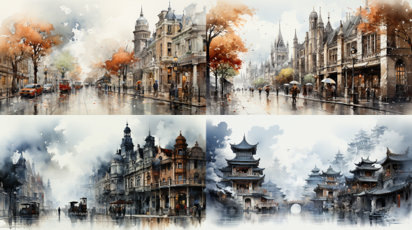 云上街市，写意泼墨，水墨风格，云雾缭绕，古风建筑，柔和光线，长焦镜头，静谧，淡雅色彩，宁静氛围。