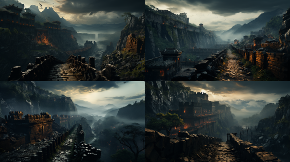 险要地势城寨，俯瞰视角，暗色调，山脉背景，长焦镜头，逆光，坚固结构，防御工事，紧张氛围。