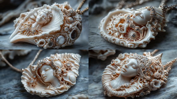 玉化砗磲浮雕项链，特写镜头，细腻纹理，海洋主题，自然光，柔和色调，精致工艺，优雅，宁静。