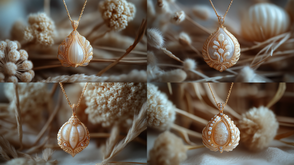 玉化砗磲浮雕项链，葫芦图案，精细雕刻，自然光泽，简约风格，白色背景，微距镜头，柔和光线，静物拍摄，优雅，纯净。