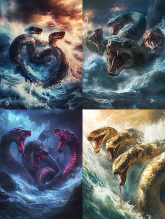 九头蛇在水中暴风雨巨浪背景中，对角线构图，超广角镜头，逆光，动态模糊，色彩浓烈，展现凶猛奇幻，神话氛围。