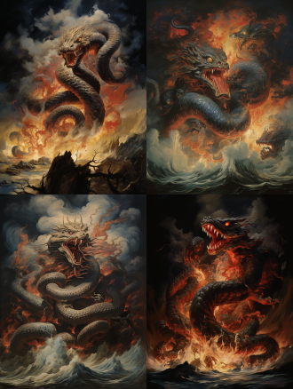 《山海经》凶兽九婴九头蛇，超广角镜头，神话故事，长着九个头的蛇怪在暴风雨中咆哮，嘴中喷出火焰和和洪水，画面需完整出现九个蛇头，蛇头会喷火喷水，逆光，动态模糊，凶猛，奇幻