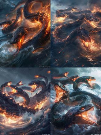 《山海经》凶兽九婴九头蛇，超广角镜头，神话故事，长着九个头的蛇怪在暴风雨中咆哮，嘴中喷出火焰和和洪水，画面需完整出现九个蛇头，蛇头会喷火喷水，逆光，动态模糊，凶猛，奇幻