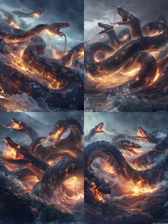 《山海经》凶兽九婴九头蛇，超广角镜头，神话故事，长着九个头的蛇怪在暴风雨中咆哮，嘴中喷出火焰和和洪水，画面需完整出现九个蛇头，蛇头会喷火喷水，逆光，动态模糊，凶猛，奇幻