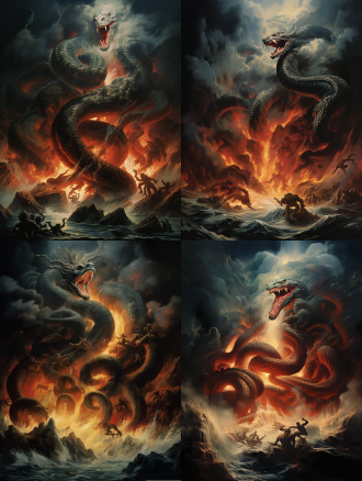 《山海经》凶兽九婴九头蛇，超广角镜头，神话故事，长着九个头的蛇怪在暴风雨中咆哮，嘴中喷出火焰和和洪水，画面需完整出现九个蛇头，蛇头会喷火喷水，逆光，动态模糊，凶猛，奇幻
