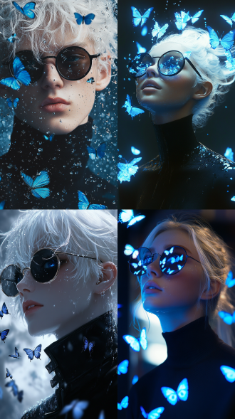 美丽的青年凝视前方，蓝色蝴蝶环绕，水珠点缀，白发蓝眼，黑色小圆墨镜，黑色高领制服，三分法构图，特写，暖室内光，高分辨率，工笔画风，优雅氛围。 电影风格 光绘 创风格 通感艺术 雨天背景 黑洞 腰部以上 侧身