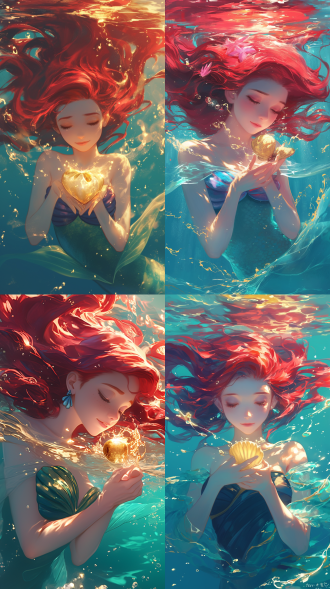 俯视视角，爱丽儿公主躺在水下，红色头发，双眸微闭，长长睫毛，黑色耳钻，手拿蚌壳珍珠，金色流动水波纹，飞溅的水花和细碎的金色光，光的效果，红色长发飘散在水中，长睫毛显得格外柔美，心碎的美感，水中的金色光线营造出浪漫而神秘的氛围，背景是蓝色的水面，插画，手绘风格，高度清晰