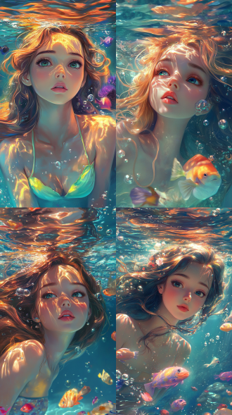 disney princess, calm water, anime style, ultra-detail, psychedelic color,