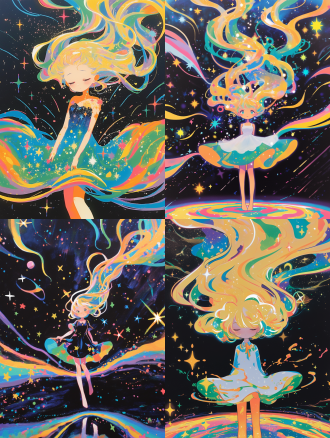 a girl with long hair fluttering in the wind. she was surrounded by swirling rainbows and starlight. the scene was space, her skirt swirling around her，children's comics,free brush strokes,cute, healing，watercolor light, delicate,