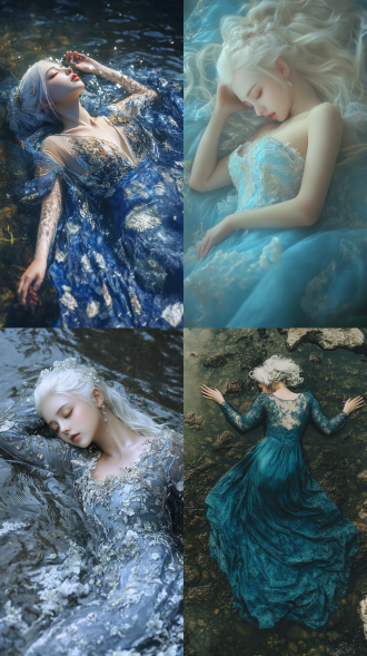 古装美女躺溪边，中国风，蓝裙白发，精致面容，对称构图，长焦镜头，32k高清，超高清画质，自然光，柔焦，冷艳。