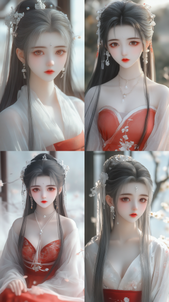 国风古典美女，红色纱裙黑色长发，柳眉大眼桃花唇，肤质细腻，对称构图，自然光脸部打光，长焦广角镜头，超高清。