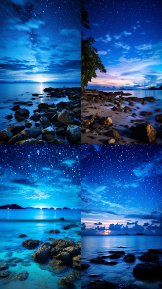 这是一片广袤无垠的星空之下，四周是无尽的大海和神秘的岛屿。天空中布满了璀璨的星星，银河清晰可见，仿佛一条流动的珍珠项链。夜风轻拂，带来海洋的气息，星星的光芒在波光粼粼的海面上闪烁，形成一幅梦幻般的画面。整个场景充满了神秘与宁静，让人不禁沉醉在这浩瀚的宇宙之中。