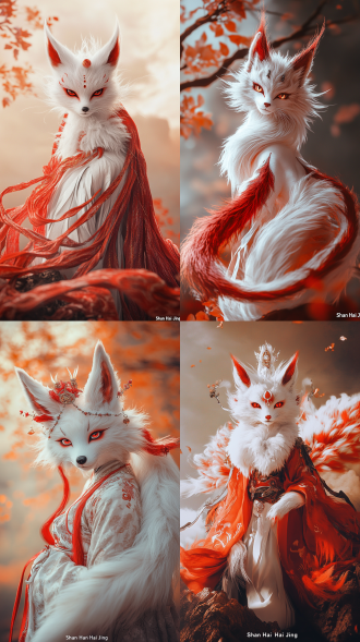 中国古代《山海经》中的九尾狐，是一种神话动物，超现实，中式奇幻摄影，神秘奇幻的氛围，cg质感，一只长着九条尾巴的祥瑞之兽，形状如普通狐狸，象征着吉祥与魅力。正面看向镜头。红色和白色。精致华丽的妆容，形态婀娜，迷人。站在云雾缭绕的仙山之巅，身后是绚丽的霞光，展现出其狐妖的灵动与魅力，3d风格，卡哇伊，奇幻，中式怪诞美学，cg渲染，奇幻的美学，柔和的灯光，暖橙色电影色调奇幻，神秘般的氛围，大大的眼睛，画面细腻，迷人的表情，8k，hdr超清画质。