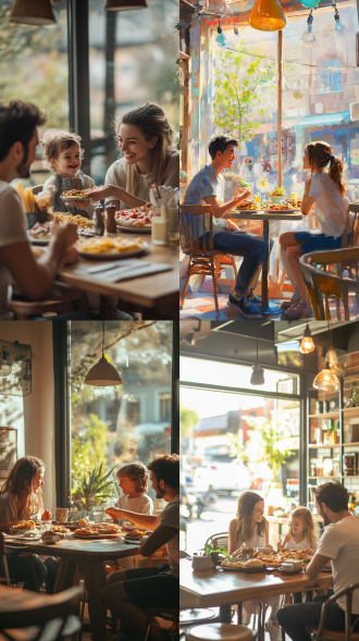 a young family sits in a bright and beautiful aventurine dairy cafe, pasta, pizza and sandwiches on the table, smiling and happy. - style raw