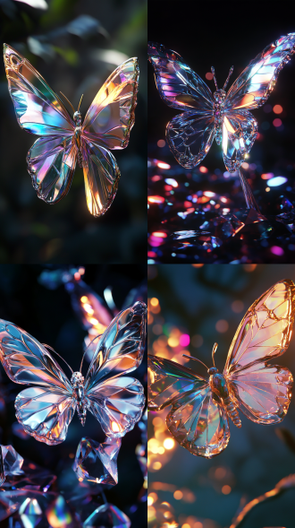 crystal butterflies with prismatic wings（主体），light refraction creating inbm patters , volumetric lighting（光影），surreal biomechanical aesthetic (xia),