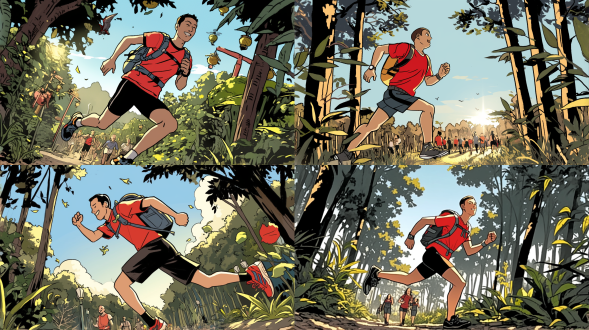 跑步者穿越森林，徒步旅行，插画风格，明亮色彩，森林背景，广角镜头，自然光，动态姿势，树叶细节，活力，自由。 宫崎骏 全身