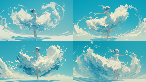 少女伸展双手拥抱走在天空之镜上，长发飘逸，姿势优美，展示身材的紧身衣，轻盈身姿，动漫风格，天空之镜，倒影，破碎化，海洋元素，镭射线，精致五官，复杂细节，冷色调，全身像，三分构图，卫星镜头，高品质，高分辨率。