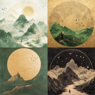 the golden lines depict the outline of a mountain peak, there are green clouds, a circle of thin lines around the mountain, a person carrying a bamboo basket walking on a path in the mountain, the sky in the distance there are several cranes flying, some peach blossoms inlaid with gold, flying with the wind, the tilted picture, from the sky overlooking the perspective, chinese ink artistic conception, new meticulous painting, rice paper