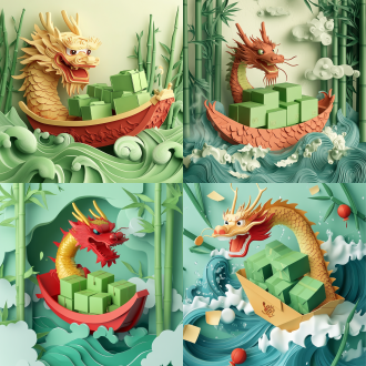 端午节电商海报，纸质2d，3d浮雕风格，龙舟载着几个正方体墨绿色盒子，从左往右破开粽子叶形成的水，国风一点