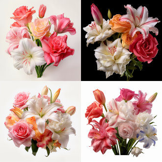 玫瑰花、百合花、康乃馨、郁金香混合，3d效果，立体感强，高清，逼真，白色背景，细节丰富，色彩鲜艳，自然光，微距镜头，静物，宁静，生机勃勃。