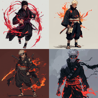 full-body anime character design blending naruto, demon slayer, jujutsu kaisen styles: ninja-inspired black combat hakama with crimson flame-hem stitching, layered kimono jacket showing curse seal tattoos on collar bones, one sleeve torn to reveal bandage-wrapped arm with sealing scrolls, modern tactical belt holding kunai and nichirin-inspired katana with cursed energy glow, asymmetrical split-color hair (white/black) partially covered by forehead protector engraved with demon-slaying symbols, glowing heterochromatic eyes (yellow sharingan + demon slayer's hanafuda earrings), tattered scarf mimicking sukuna's markings, combat boots wrapped with onmyoji talismans, dynamic pose with chakra aura and cursed energy sparks