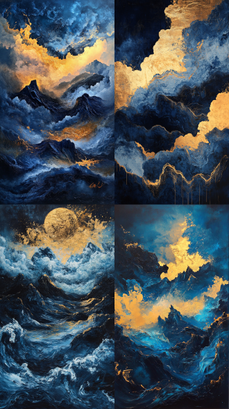 旋涡云层流动，深蓝金黄交织，粗犷笔触堆叠，暗夜山峦起伏，抽象表现主义，厚涂颜料质感，月光氤氲光晕，动态能量迸发。