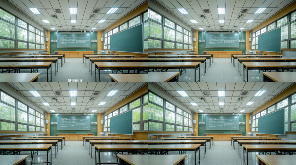 粉笔末在光线中飞舞，黑板写大赛信息，全景构图，智慧教室，自然光暖调，科技感，广角镜头，高饱和度。 照片写实 校园 明亮的 环境光