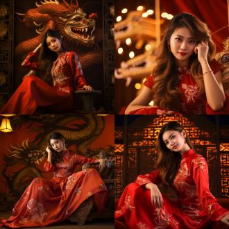 中国龙，红色背景，传统元素装饰，宽广构图，明亮柔和光线，细节丰富，友善眼神，v型爪子，喜庆颜色，欢乐氛围，亚洲女人，长发蝴蝶结，红色齐胸连衣裙，柔和烛光，膝盖向上，天鹅绒，放松，dslr，卧室，长镜头，最佳质量。