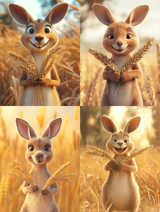 袋鼠ip，开心笑容，手拿麦穗，c4d，干净背景，卡通风格，明亮色调，正面视角，柔和光线，细节丰富，可爱表情，温暖氛围，高饱和度，清晰锐利。