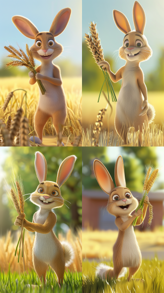 一直小兔子，站立，手拿成熟的麦子，麦地，阳光普照