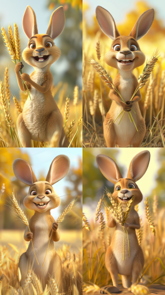 袋鼠ip，开心笑容，手拿麦穗，c4d，干净背景，卡通风格，明亮色调，正面视角，柔和光线，细节丰富，可爱表情，温暖氛围，高饱和度，清晰锐利。