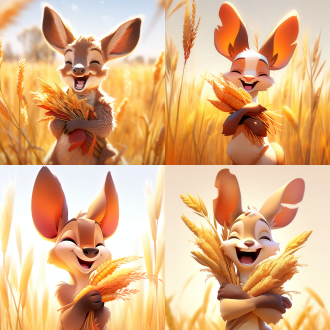 袋鼠ip，开心笑容，手拿麦穗，c4d，干净背景，明亮色调，正面视角，柔和光线，细节丰富，可爱表情，温暖氛围，高饱和度，清晰锐利，卡通风格，高对比度，自然光，广角镜头，正面特写，明亮色彩，温馨情感。