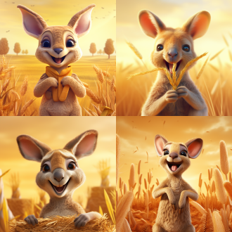 袋鼠ip，开心笑容，手拿麦穗，c4d，干净背景，明亮色调，正面视角，柔和光线，细节丰富，可爱表情，温暖氛围，高饱和度，清晰锐利