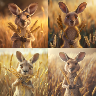 袋鼠ip，开心笑容，手拿麦穗，c4d，干净背景，明亮色调，正面视角，柔和光线，细节丰富，可爱表情，温暖氛围，高饱和度，清晰锐利