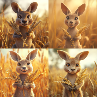 袋鼠ip，开心笑容，手拿麦穗，c4d，干净背景，明亮色调，正面视角，柔和光线，细节丰富，可爱表情，温暖氛围，高饱和度，清晰锐利