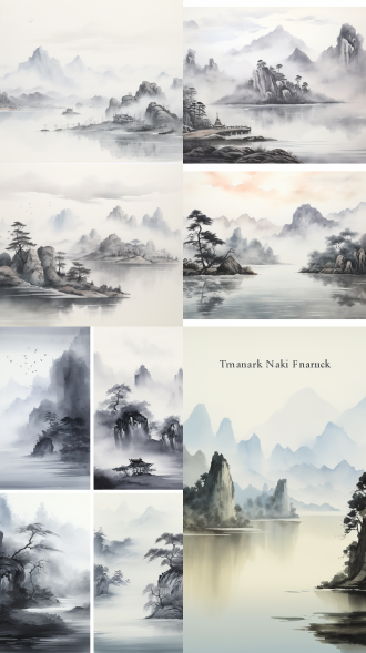 泼墨山水湖泊，远山近水，墨色浓淡相宜，湖面倒影，水墨风格，远景镜头，自然光，柔和色调，宁静，水墨画效果，中国传统艺术。