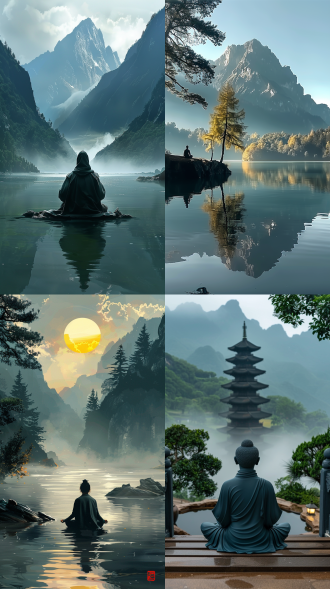 远山湖泊背影禅意远景仙气飘飘，山水画风格，远景构图，湖泊宁静，青松在山尖，山峦层叠，远山有日出，修行人物背影，衣袂飘飘，干净神圣，超现实，柔和光线，长焦镜头，水墨色调，静谧，超凡脱俗，电影海报，超高清精细度。