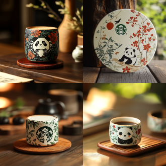 星巴克咖啡包装，一块古风陶瓷杯垫10.*10厘米，创意, 新颖,熊猫图案，温馨氛围，柔和光线，细腻质感，8k超高清，产品摄影