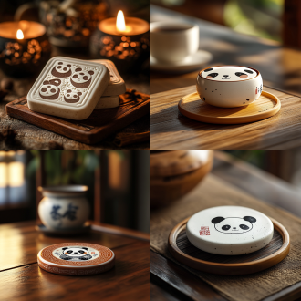 一块古风陶瓷杯垫10.*10厘米，创意, 新颖,熊猫图案，背景简约，温馨氛围，柔和光线，细腻质感，8k超高清，产品摄影，c4d效果