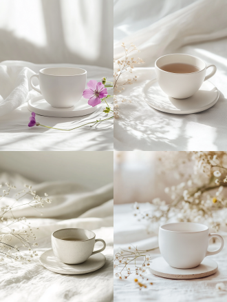 陶瓷杯垫磨砂材质摄影，白色茶杯，小花背景，浅色电商场景，电影灯光，柔和高分辨率，细节丰富，专业色彩分级，超现实库存照片，白色背景，自然光，微距镜头，静物，精致，细节。宁静氛围，白色背景，微距镜头拍摄，清新。